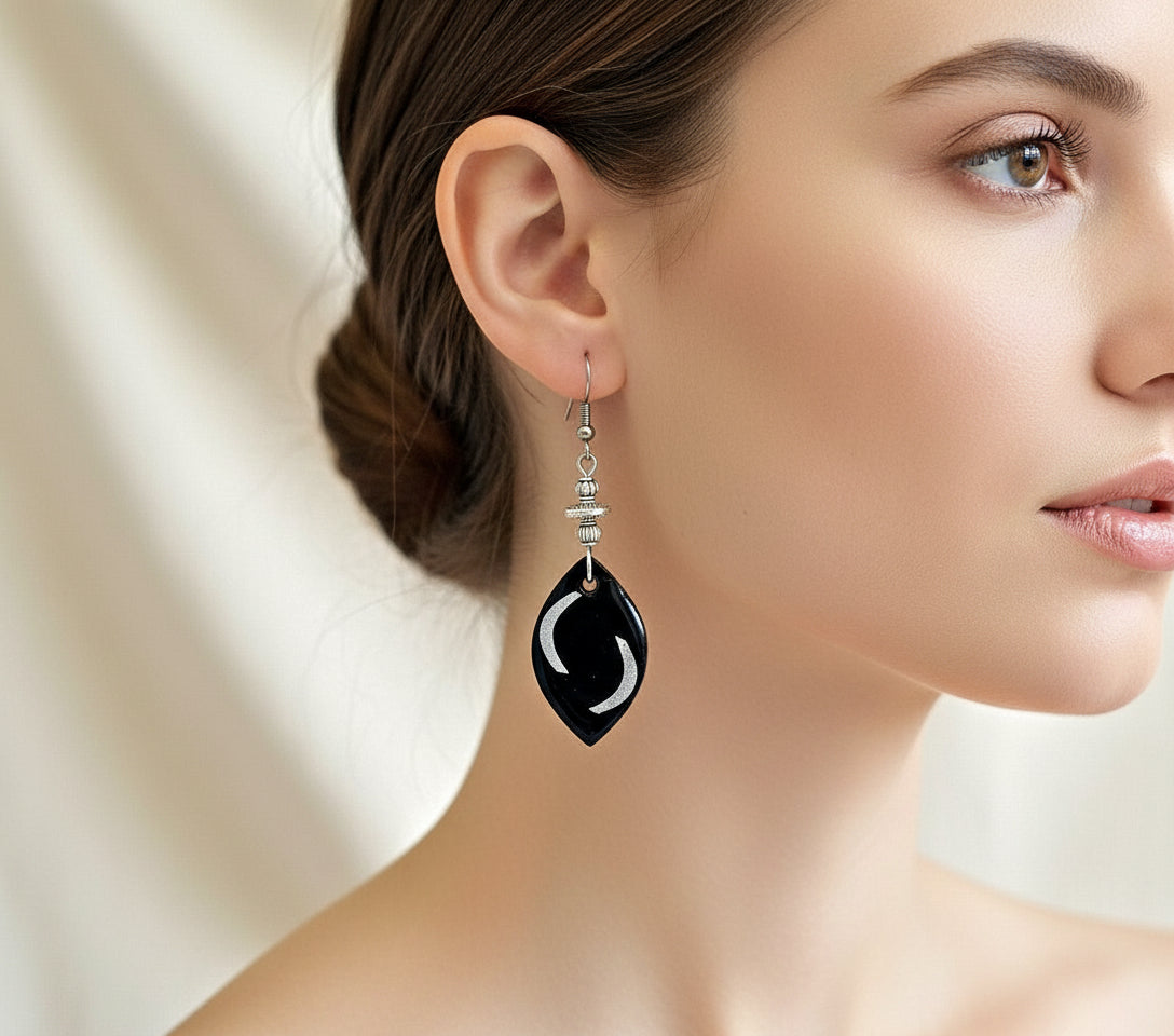 Diamond Shaped Resin Earrings - Dark Painted Silver Plated Dangle Earrings