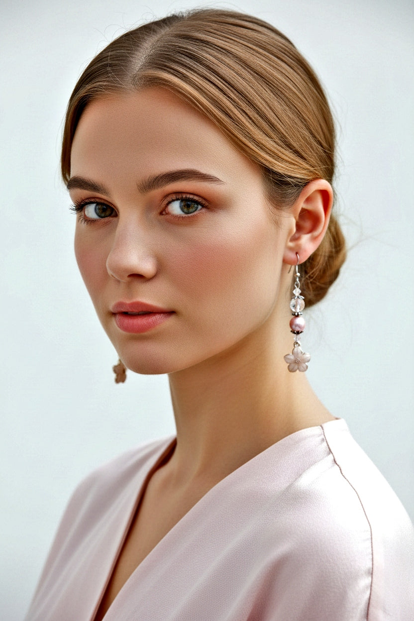 Pink enamel flower glass bead Earrings