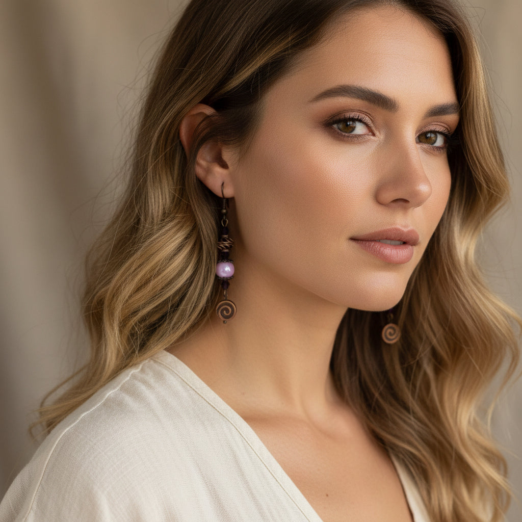 Woman wearing earrings with a neutral background