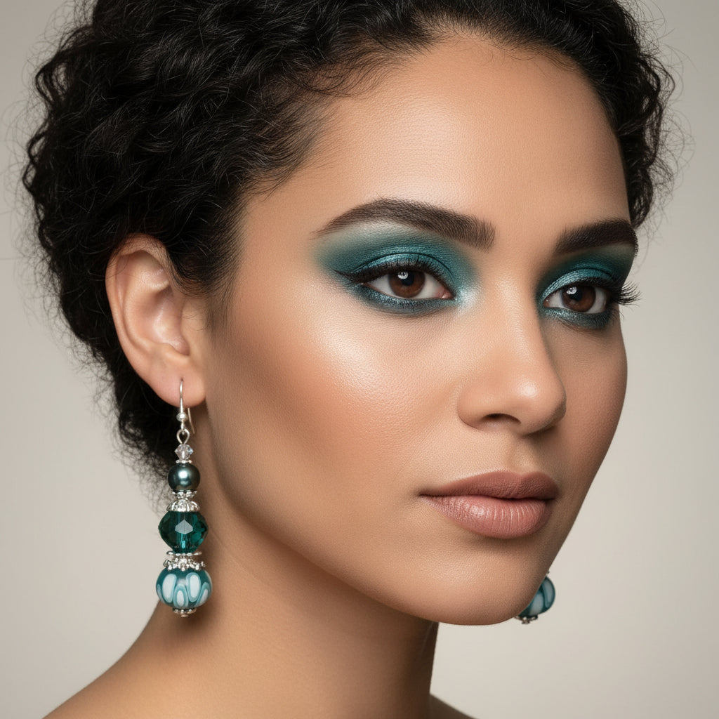 Pair of green beaded earrings hanging on a branch against a gray background