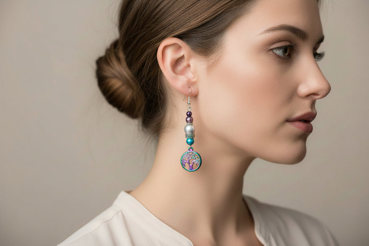 Pair of earrings with tree designs hanging from a branch on a white background