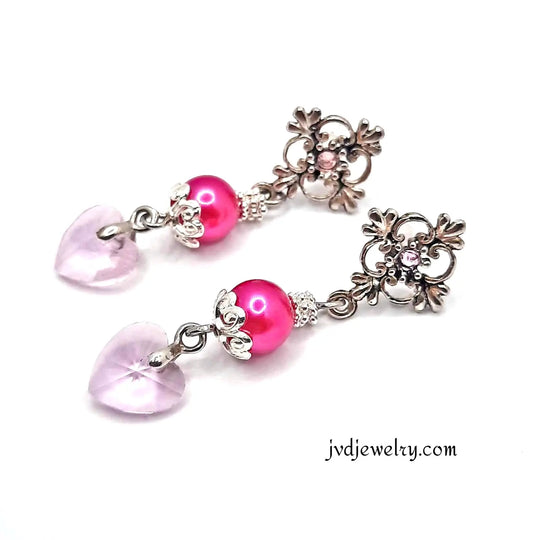 Flower Ear stud earrings with pink rhinestone crystal pink heart