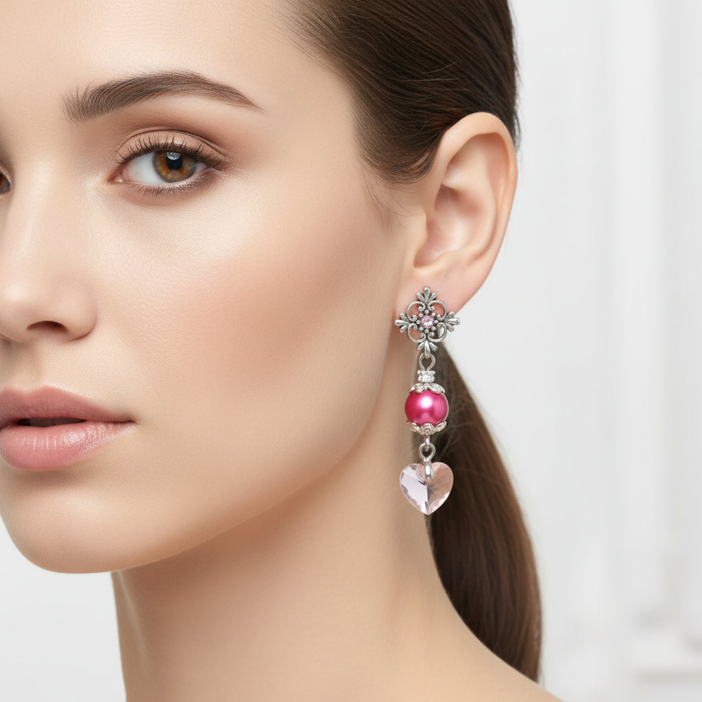 Flower Ear stud earrings with pink rhinestone crystal pink heart