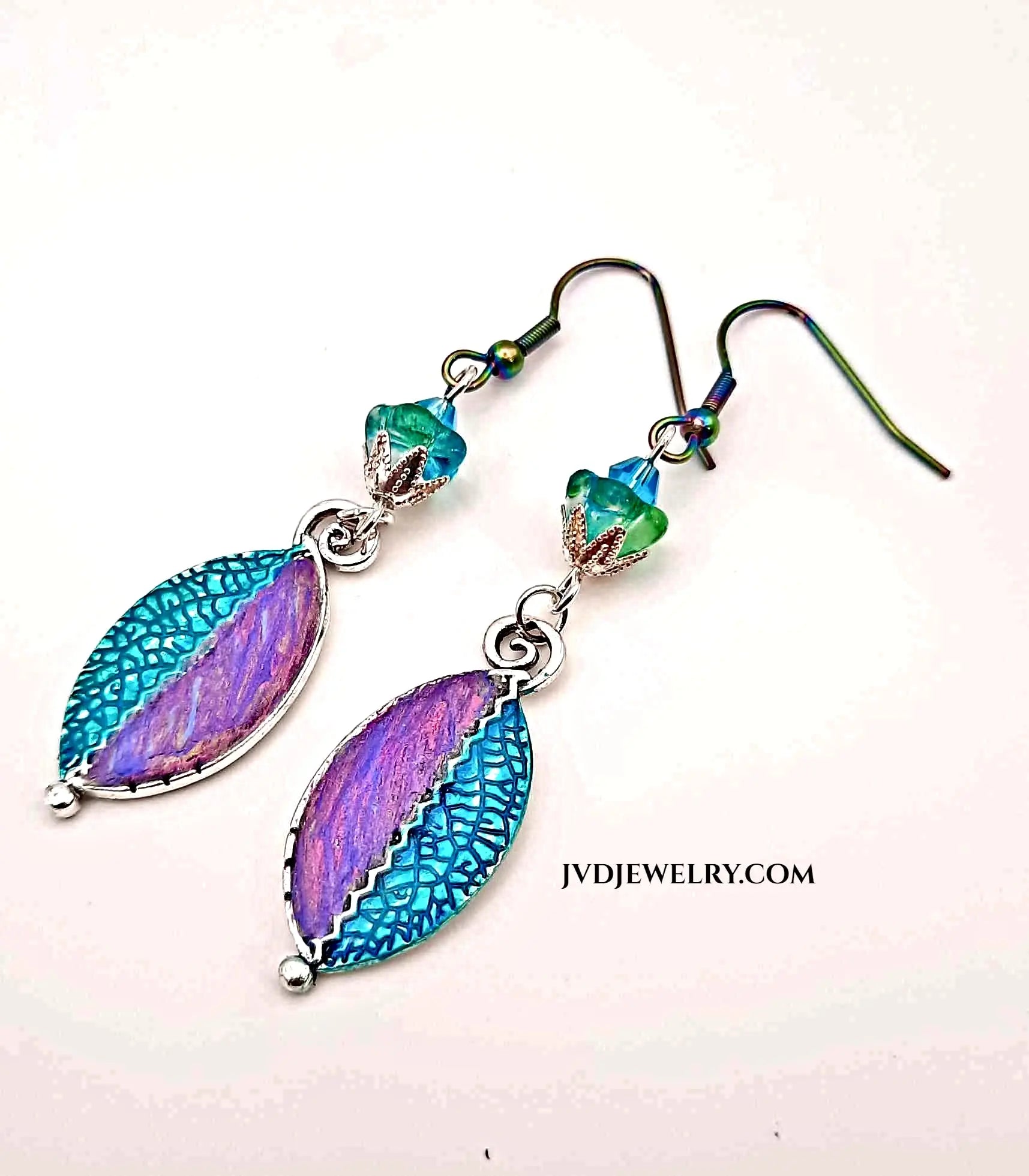 Hand painted iridescent earrings purple and turquoise