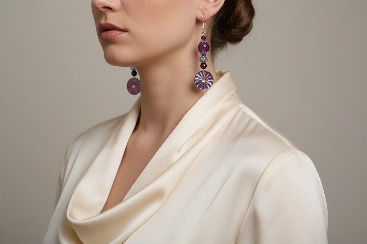Colorful beaded earrings hanging from a branch with a natural background