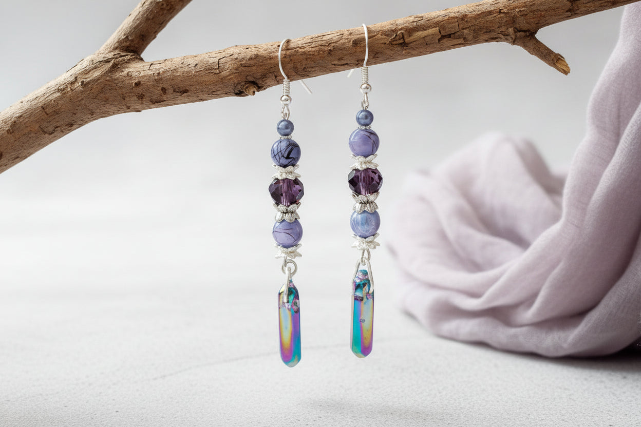 Rainbow Crystal Dangle Earrings - Purple Glass Bead Earrings with Iridescent Spike Drops