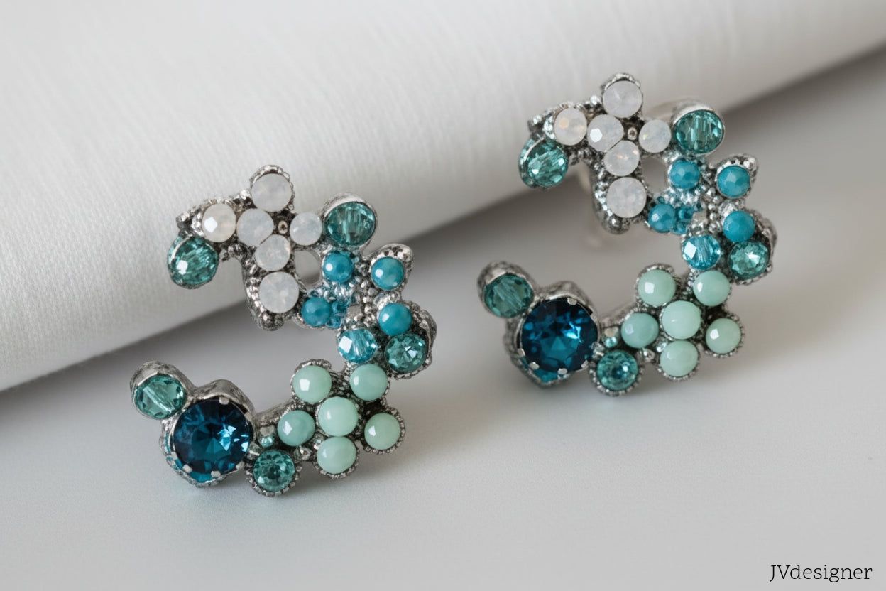 Turquoise Flower Dangle Earrings - Handmade Rhinestone & Pearl Statement Jewelry