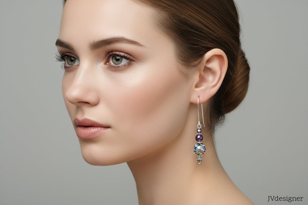 Rainbow Hematite Earrings - Handmade Silver Beaded Kidney Hook Dangle Earrings