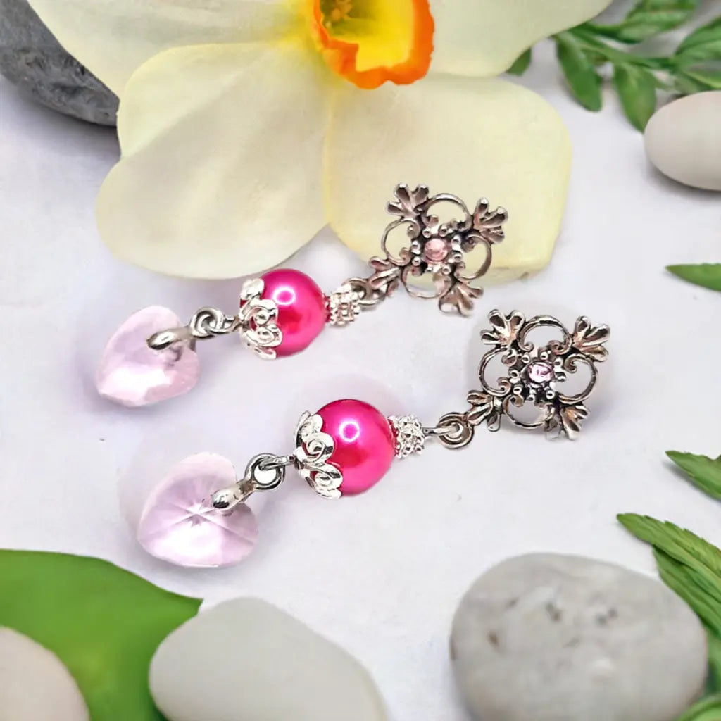 Flower Ear stud earrings with pink rhinestone crystal pink heart