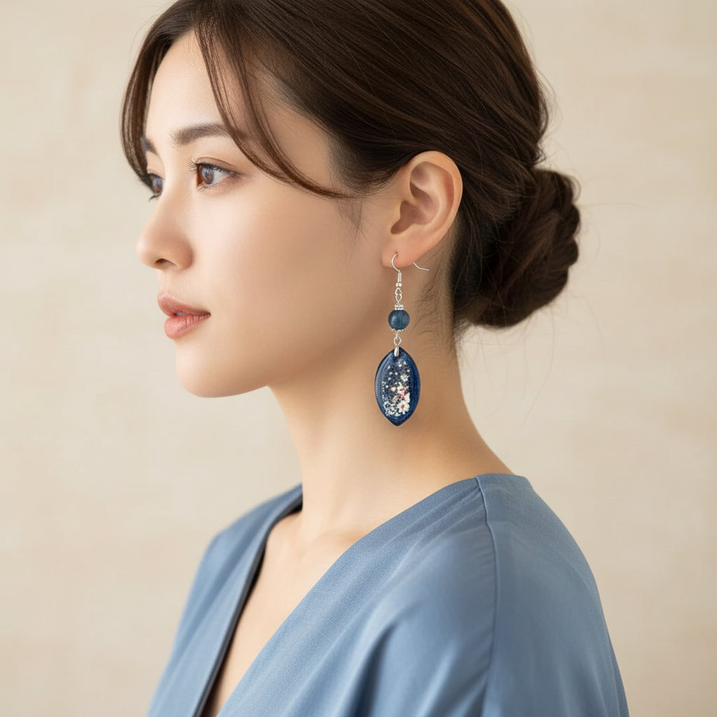 Resincrete navy Blue with Fowers Earrings 2.5 inches