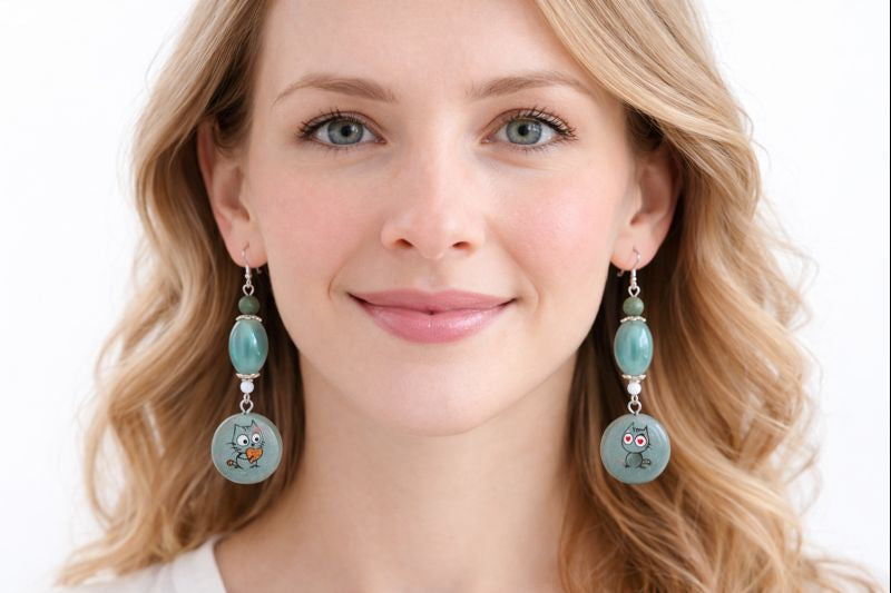 Handmade Cat Dangle Earrings, Teal Glass Beads, Cute Kitty Charm, Silver Plated Hooks, Cat Lover Jewelry