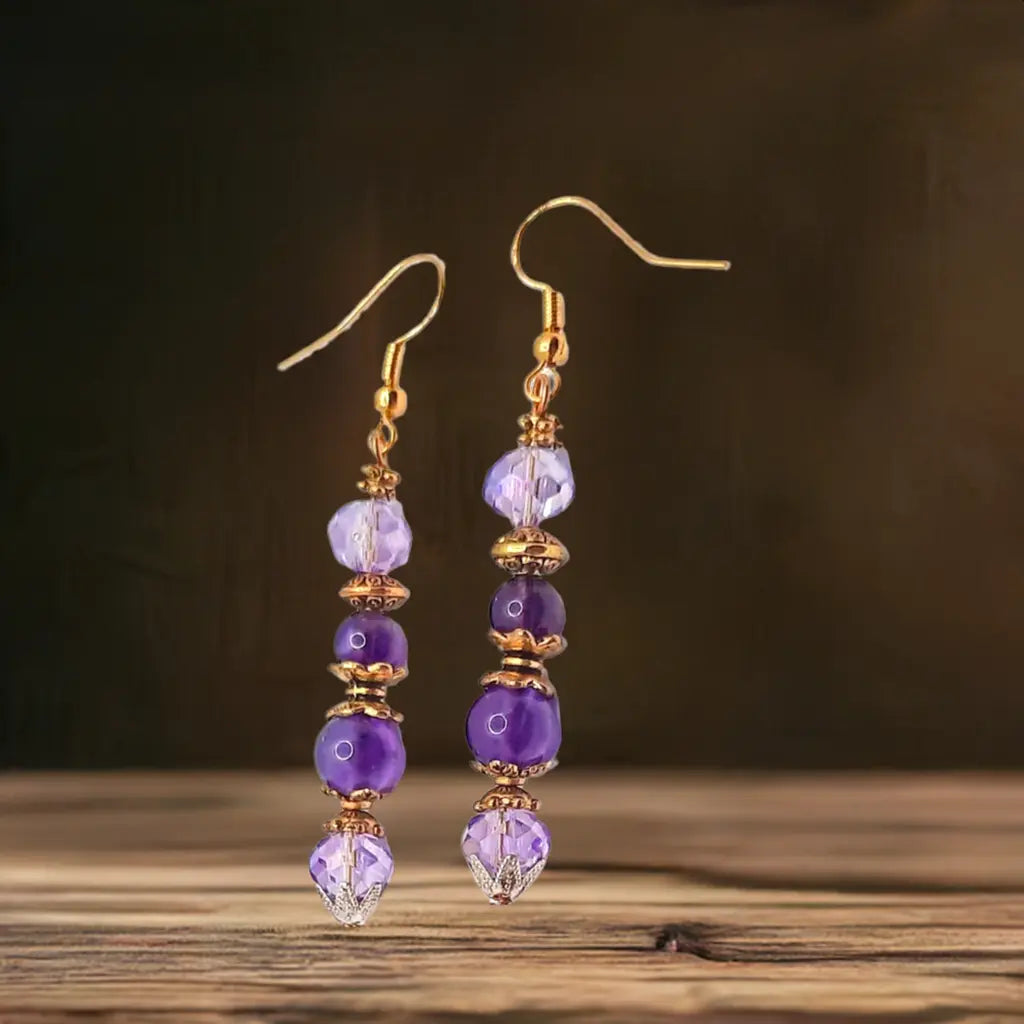 Gold plated amethyst purple Earrings 2.25 inches