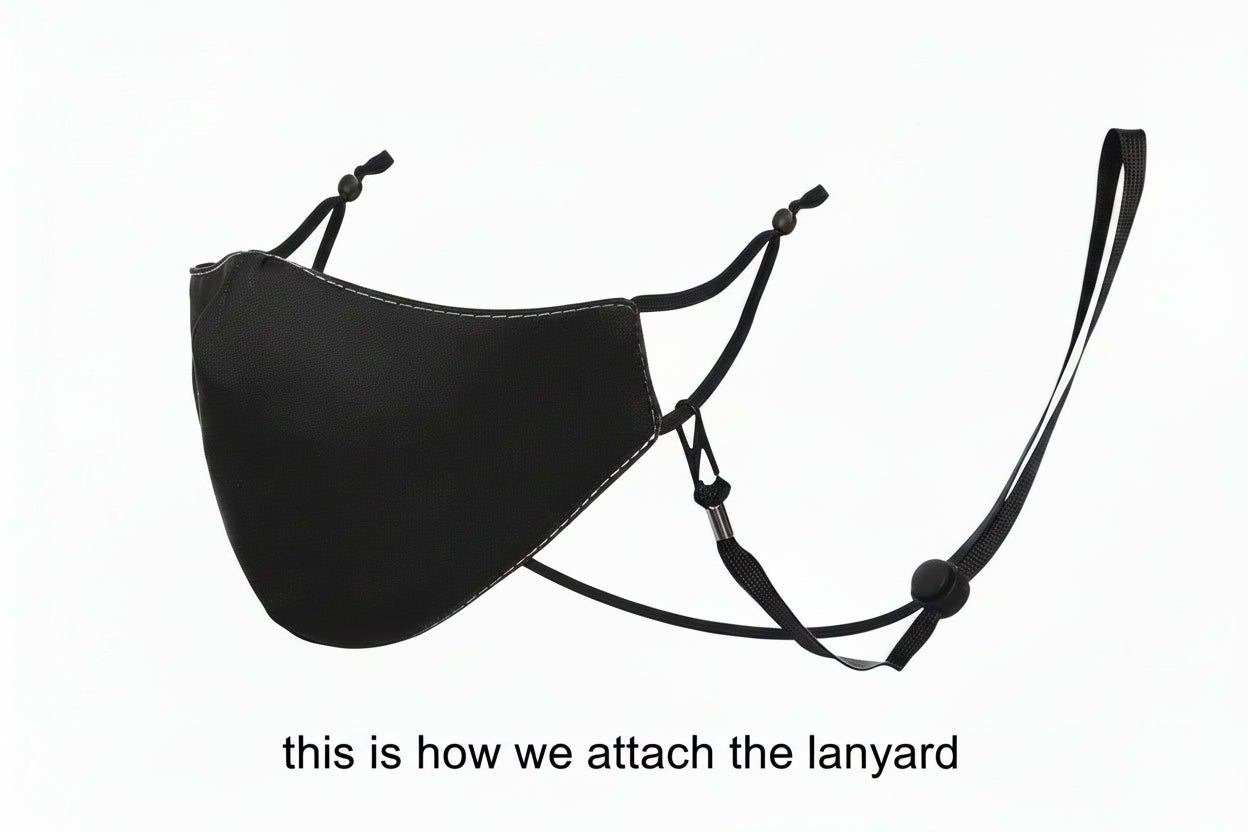 Collection of face masks with colorful lanyards on a white background