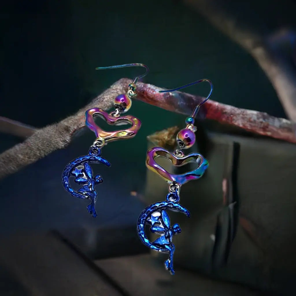 Blue iridescent enamel fairy heart rainbow earrings