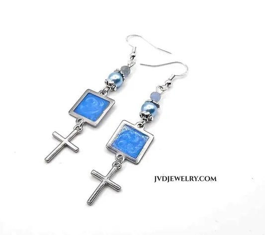 Silver cross earrings light blue pearl glass beads