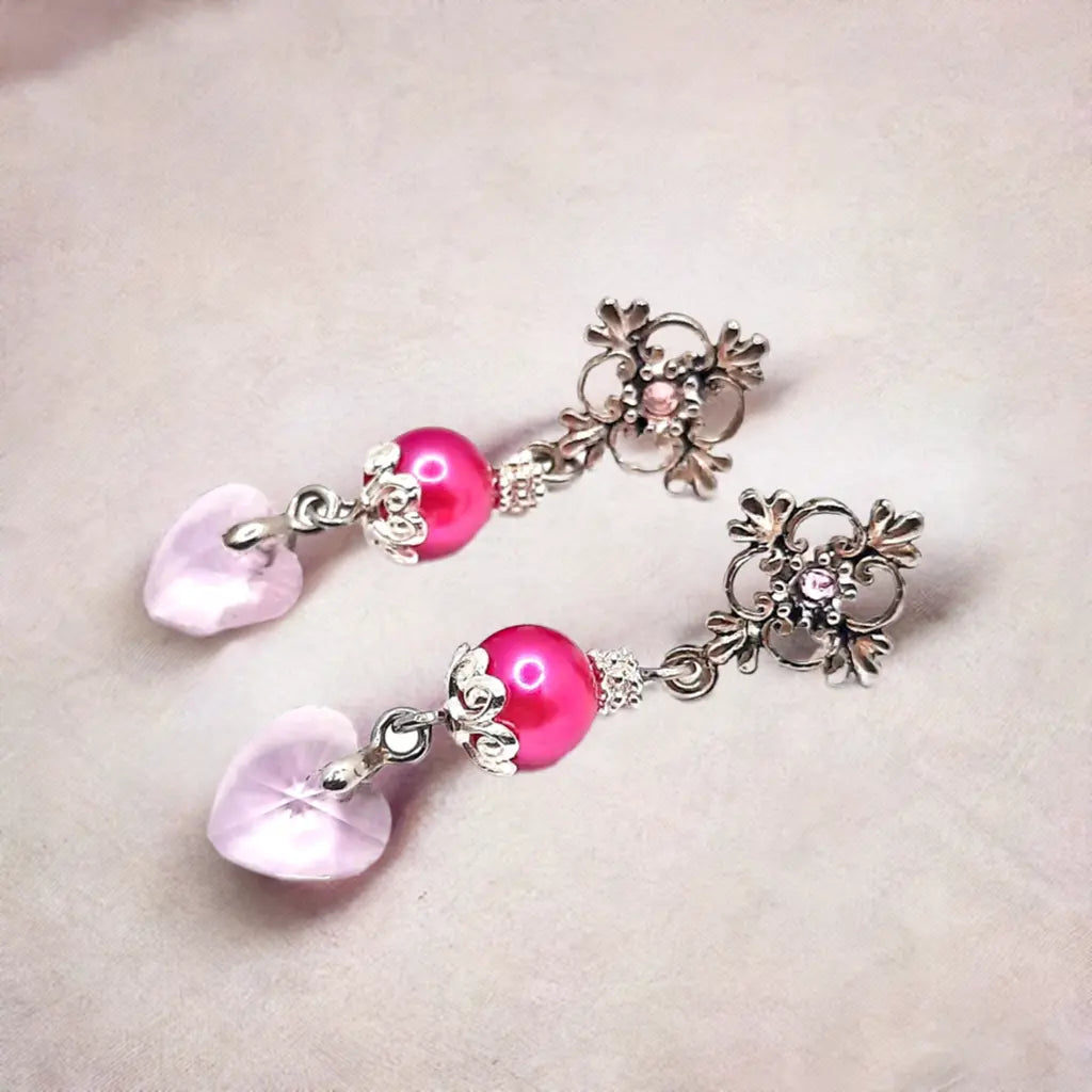 Flower Ear stud earrings with pink rhinestone crystal pink heart