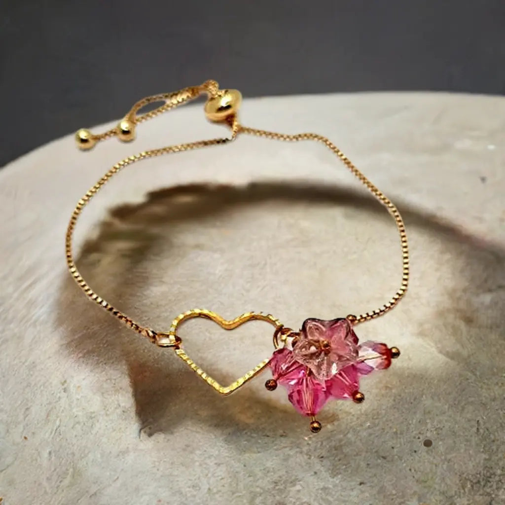 Adjustable pink Swarovski Czech beaded heart bracelet