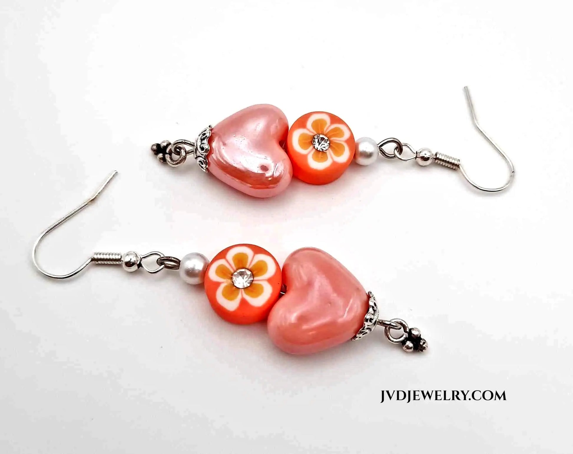 Light peach ceramic heart flower clay earrings