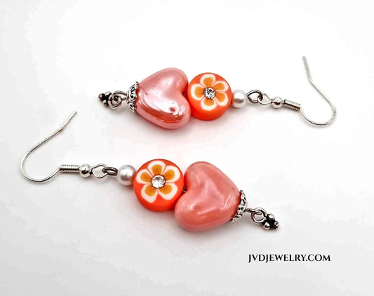 Light peach ceramic heart flower clay earrings