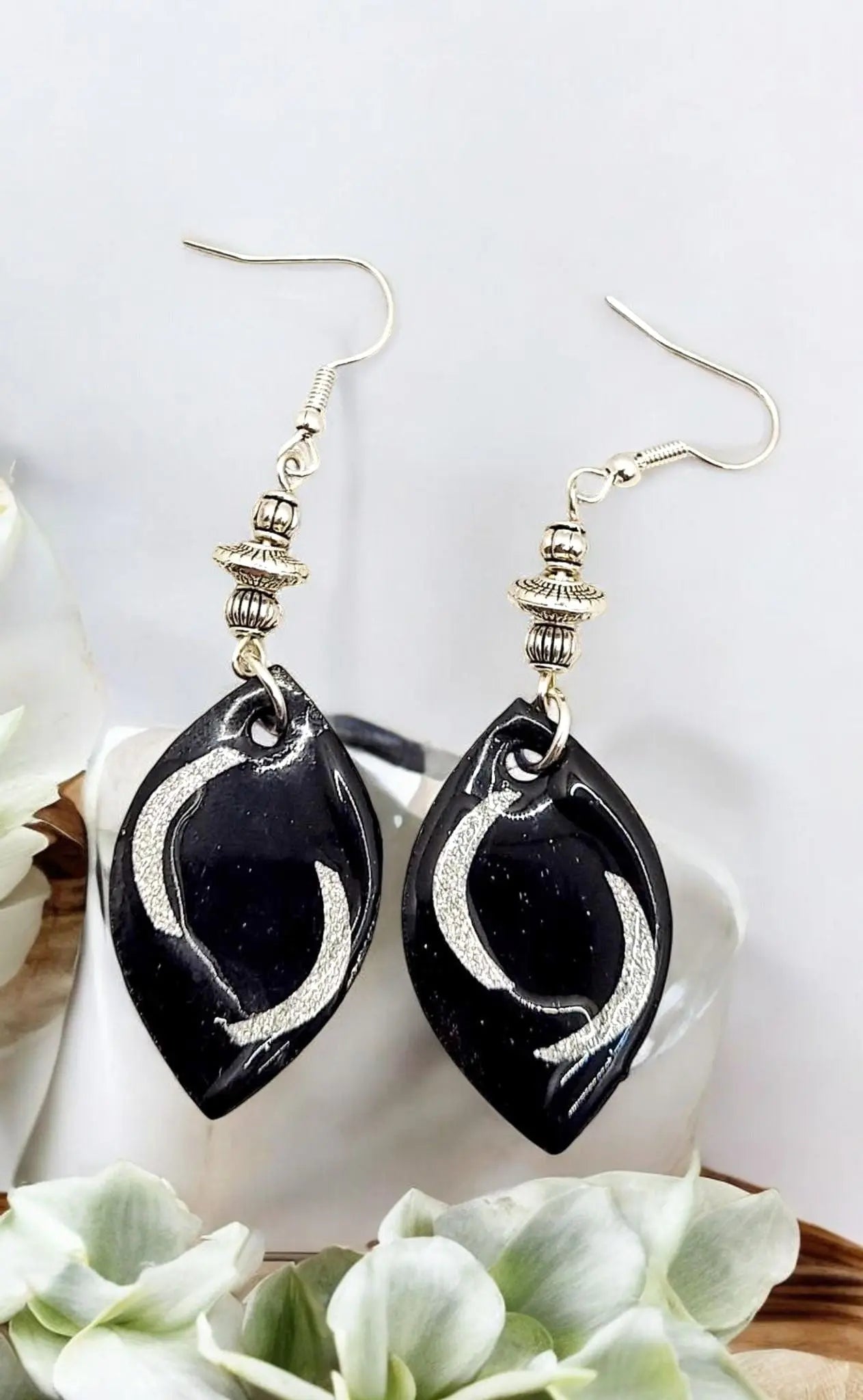 Silver black Wood drop Earring 2.75" - Image #2