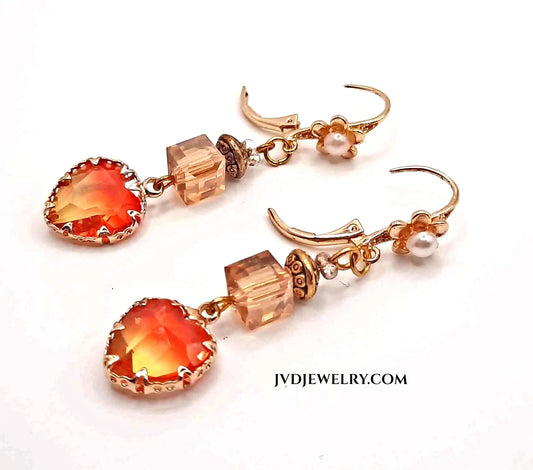 Orange gold heart crystal Earrings 1.75"