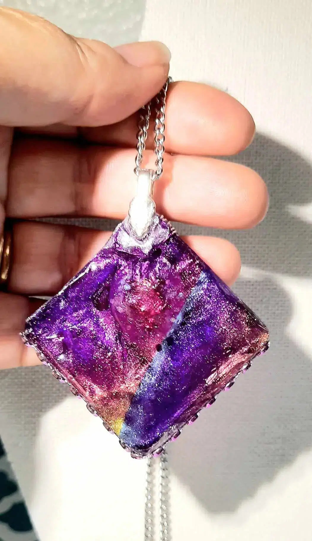 Resined purple flower pink Necklace pendant by Josie