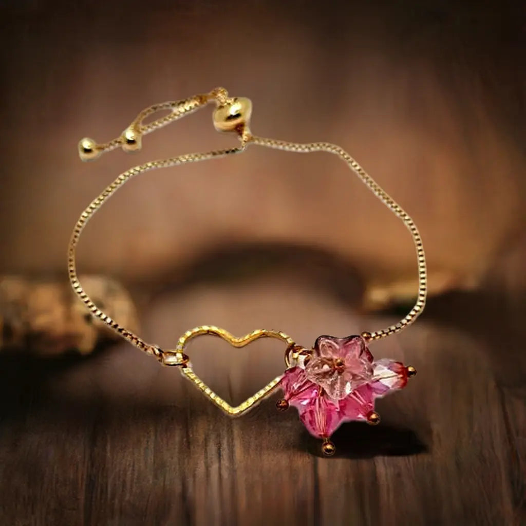 Adjustable pink Swarovski Czech beaded heart bracelet