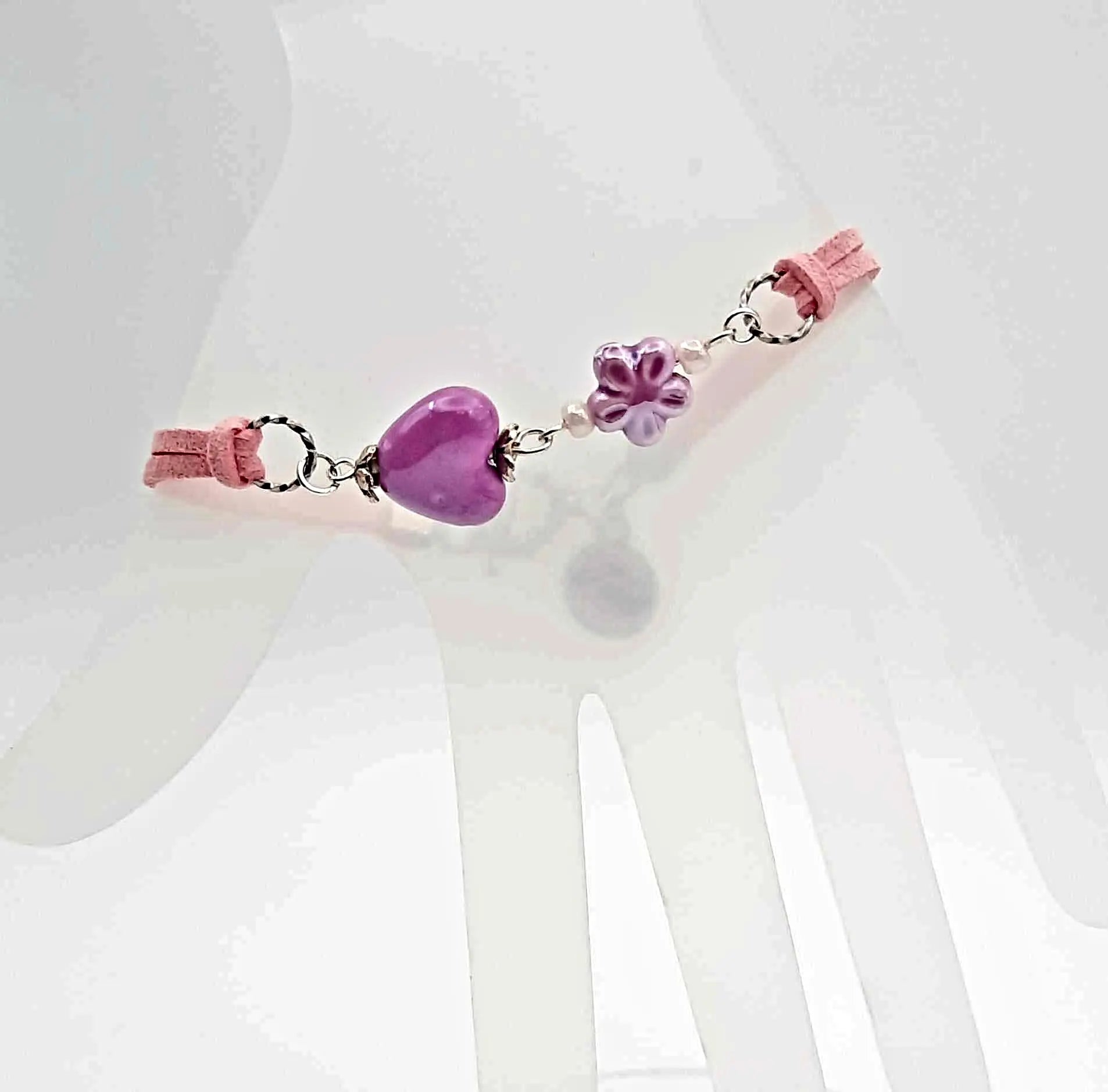 Blue faux suede glass pearl silver heart bracelet