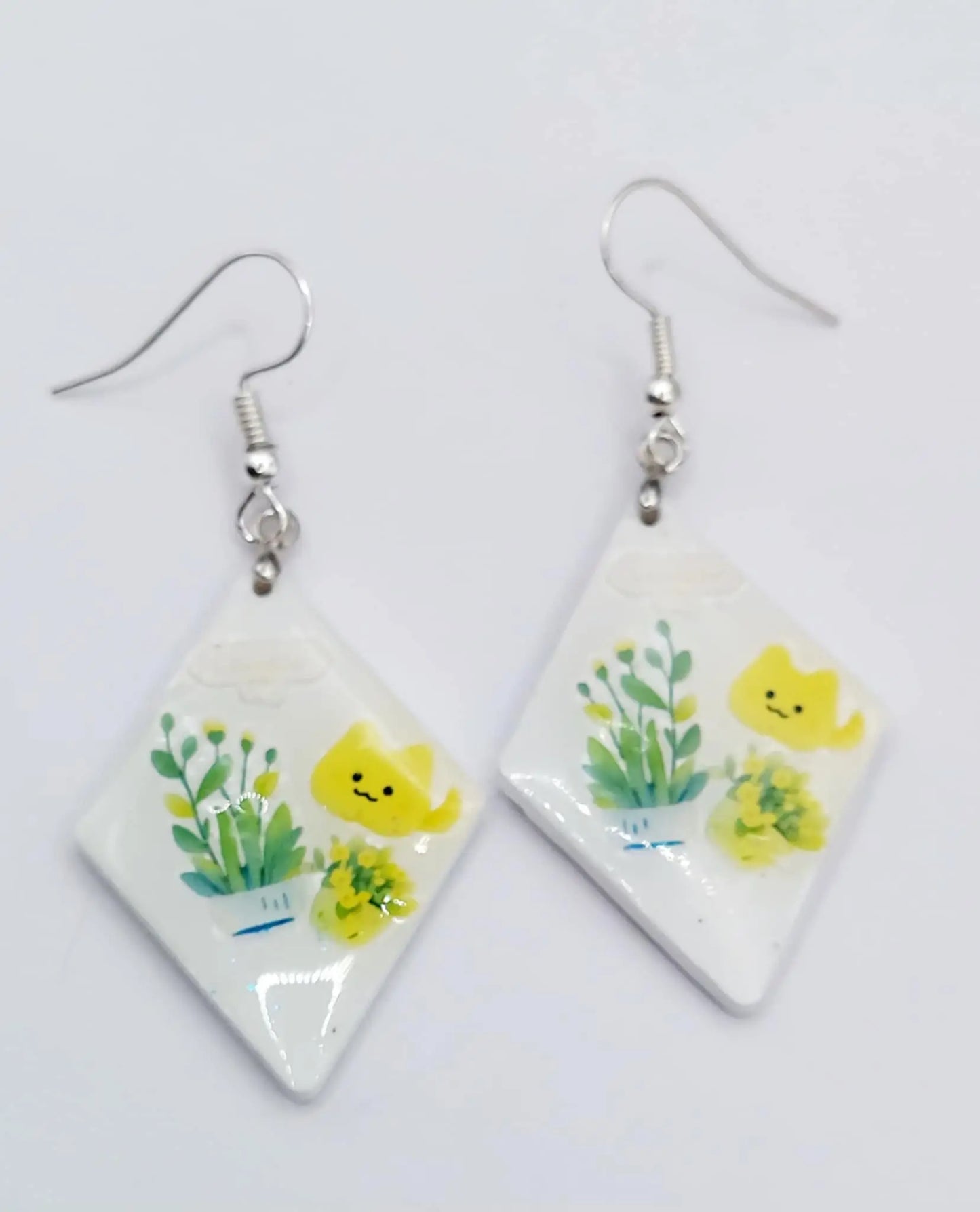 Resincrete white motig spring cat Earrings 2.25inches