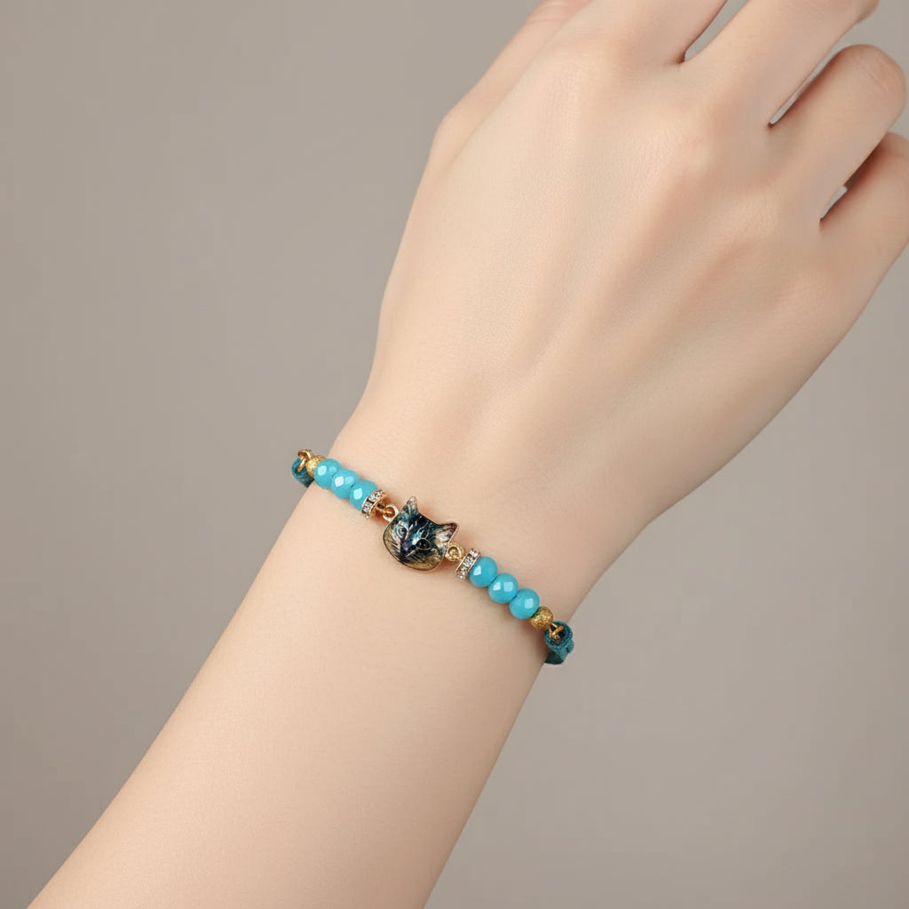 Elegant Blue Suede Bracelet with Cat Face Focal Charm