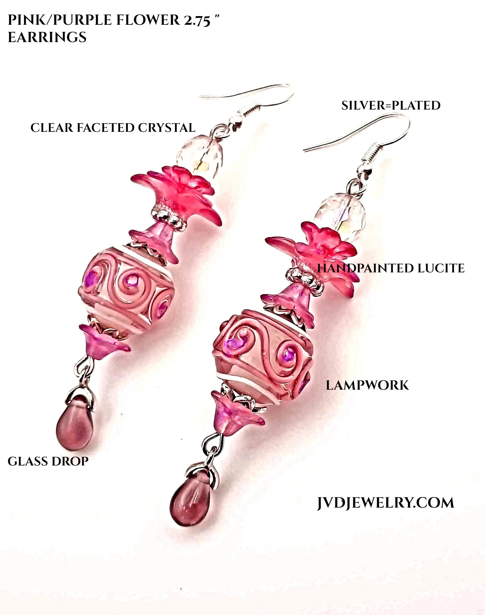 Pink Lampwork beaded drop Earrings 2.75"