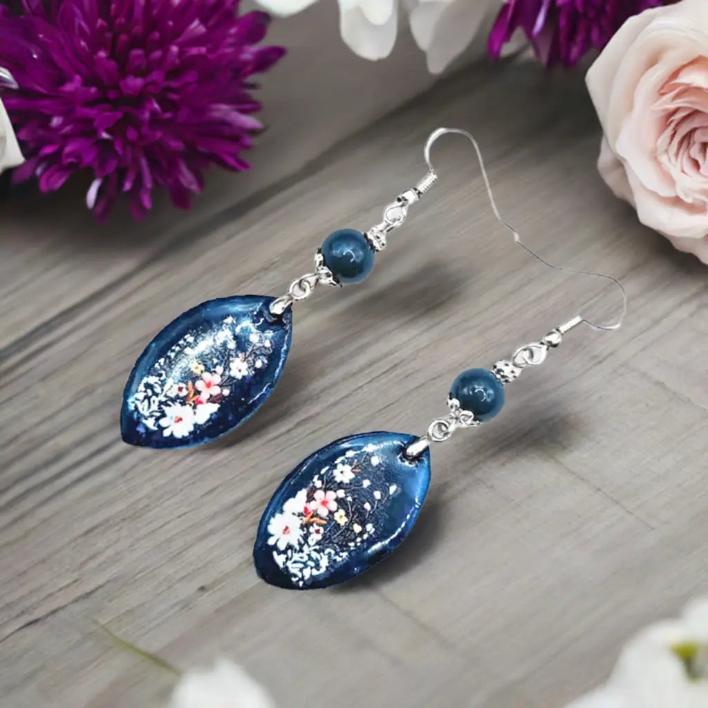 Resincrete navy Blue with Fowers Earrings 2.5 inches