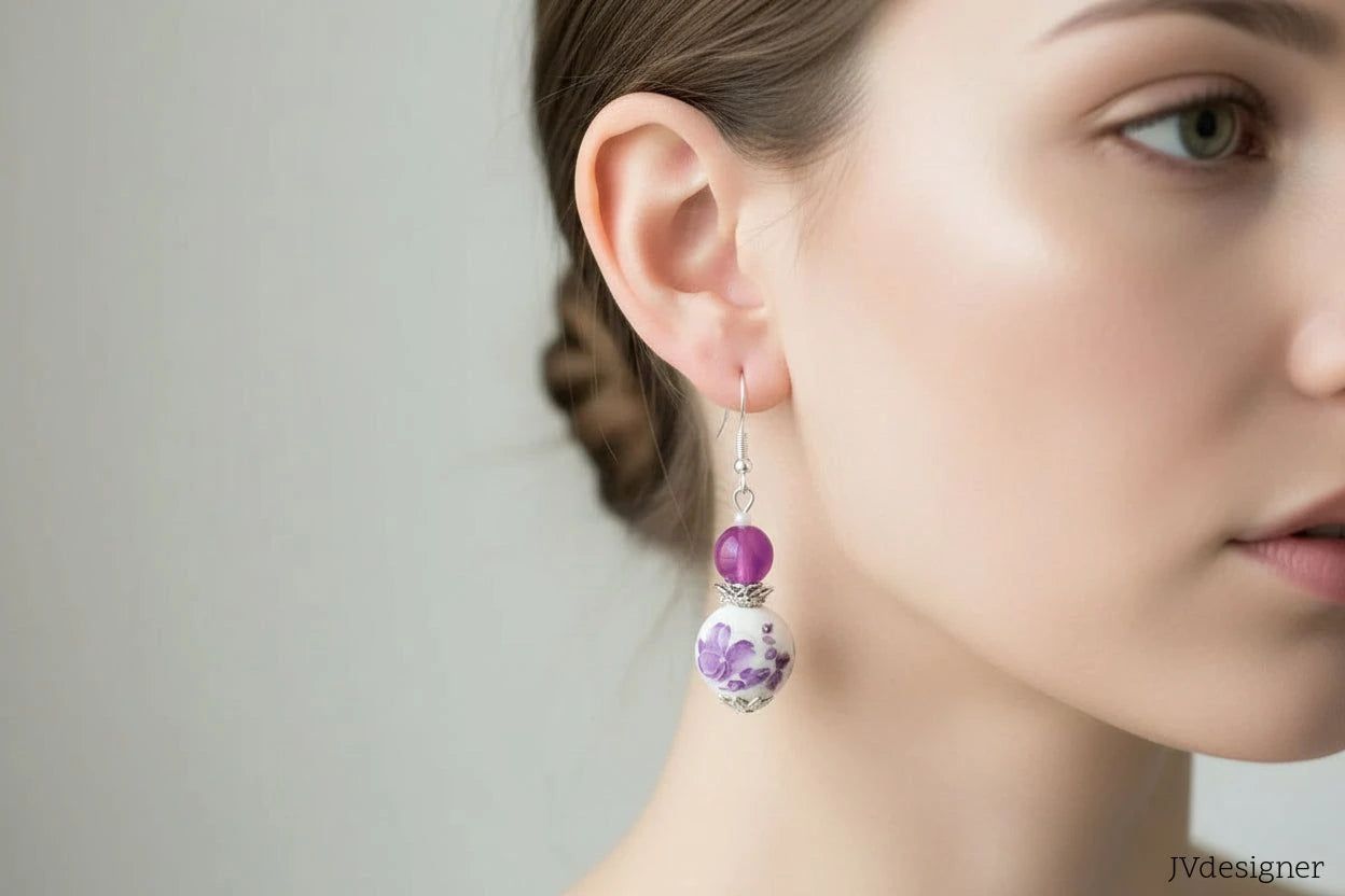 Purple Porcelain Flower Beaded Earrings - Hypoallergenic Silver plated French Hooks