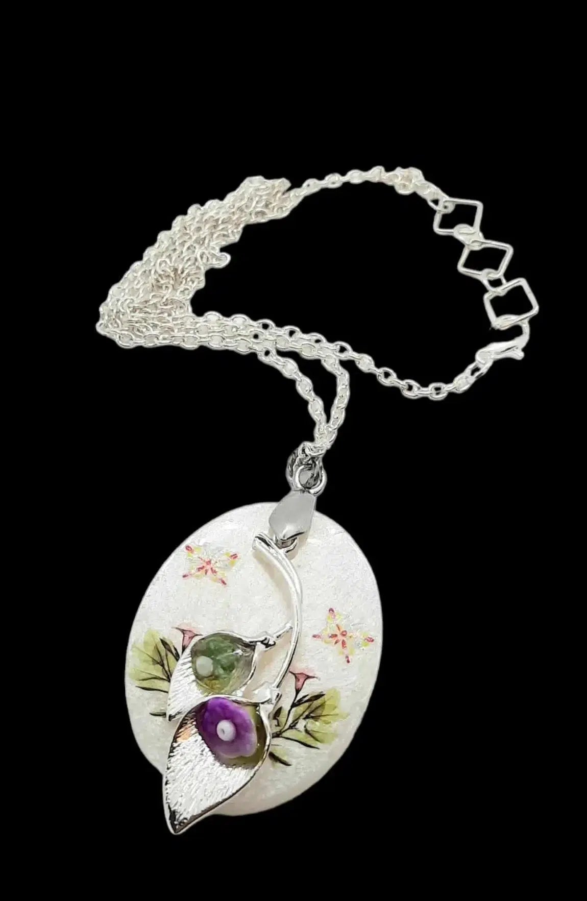 Resined white with flowers Necklace