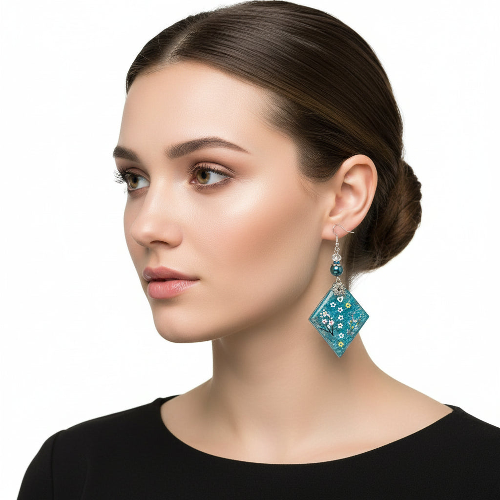 Long light wood triangle resin flowers Earrings 3.5inches