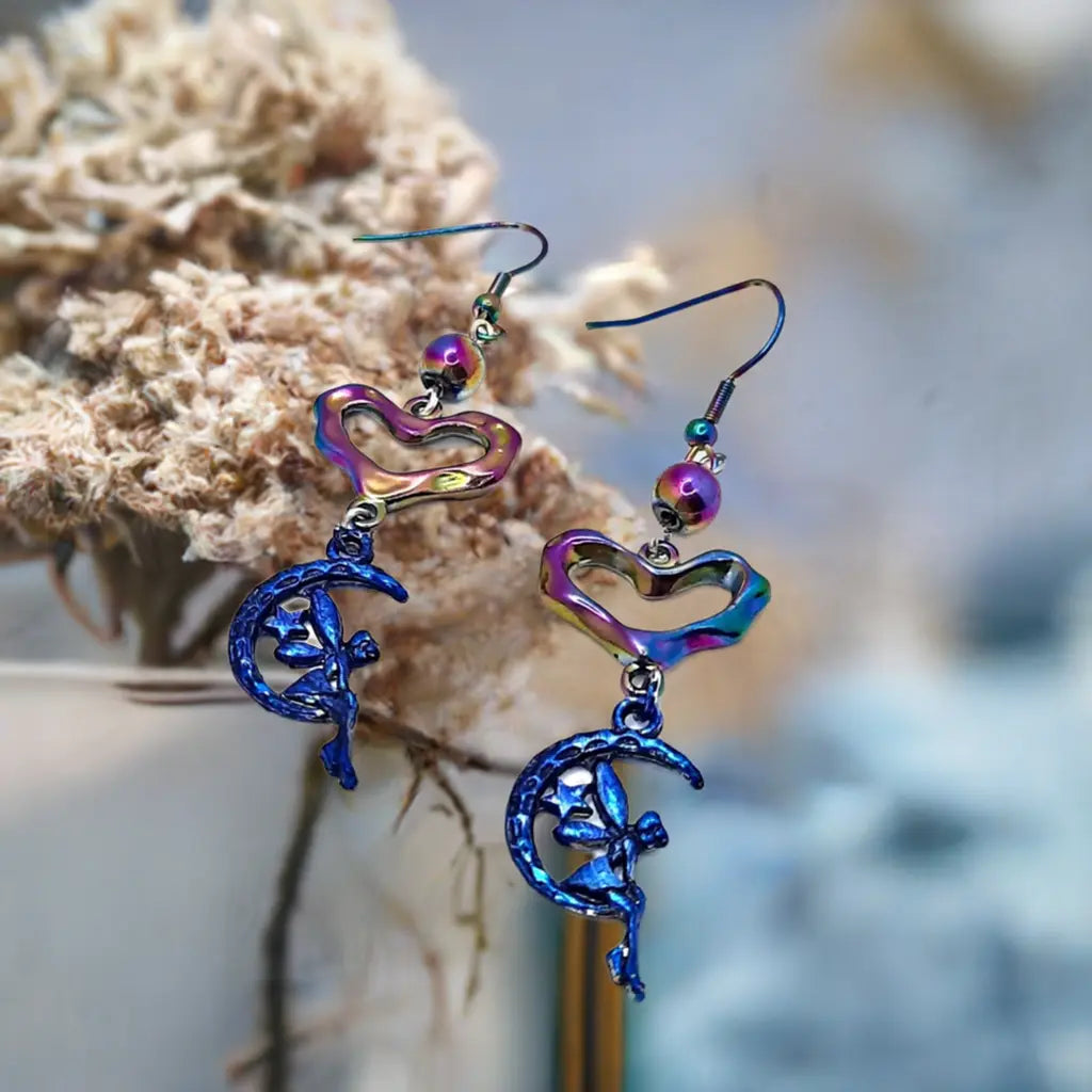 Blue iridescent enamel fairy heart rainbow earrings