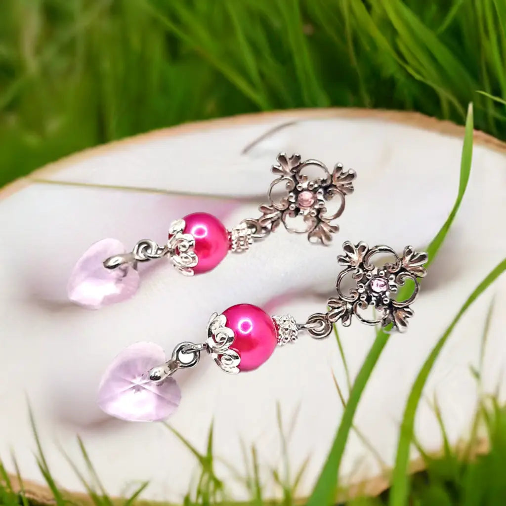 Flower Ear stud earrings with pink rhinestone crystal pink heart