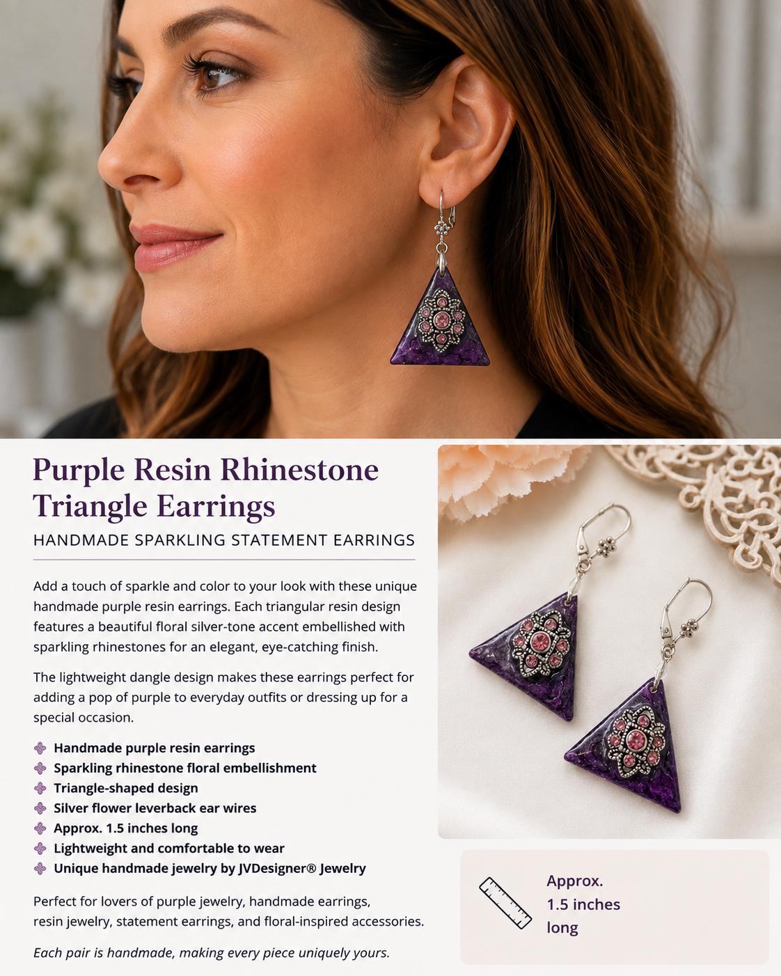 Purple Resin Rhinestone Triangle Earrings – Handmade Sparkling Statement Dangle Earrings