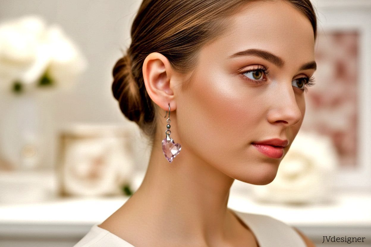 Pink Crystal Heart Earrings - Statement Jewelry with Rainbow Metal Hooks