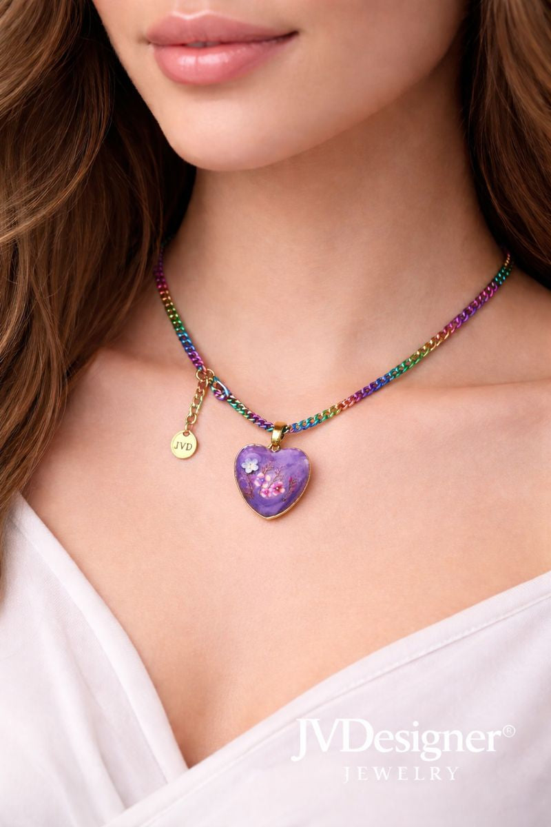 Resin Purple Heart Bezel Necklace - Handcrafted with Rainbow Stainless Steel Chain & Lobster Clasp