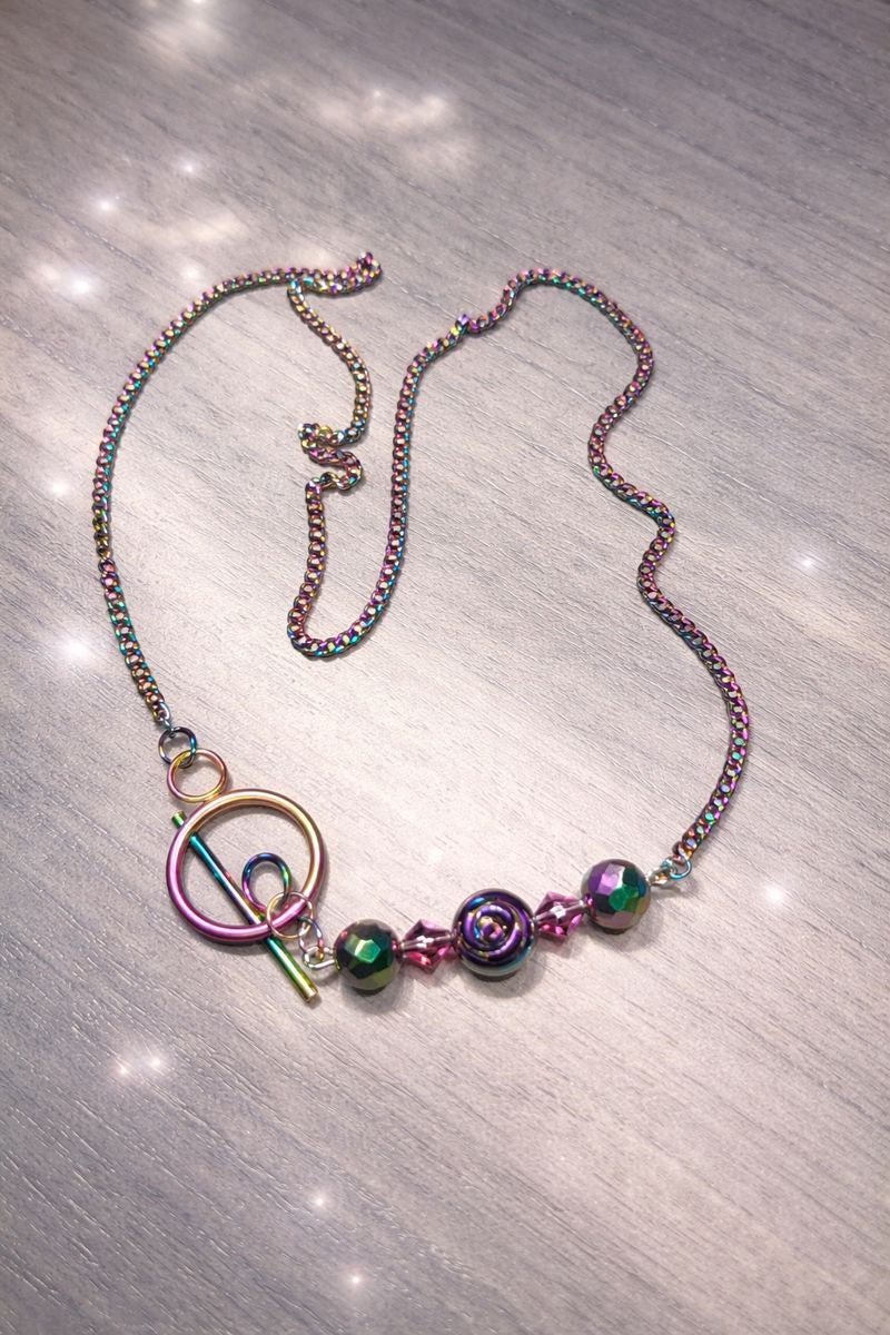 Rainbow Stainless Steel Necklace with Preciosa Purple Amethyst Crystals - Ion Plated 22 Inch Chain