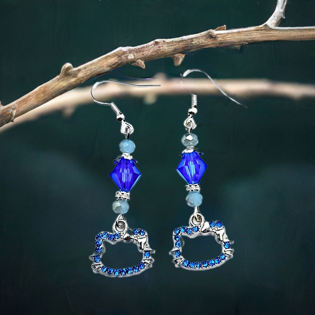 Cat charm Earrings with gemstone or crystal bead