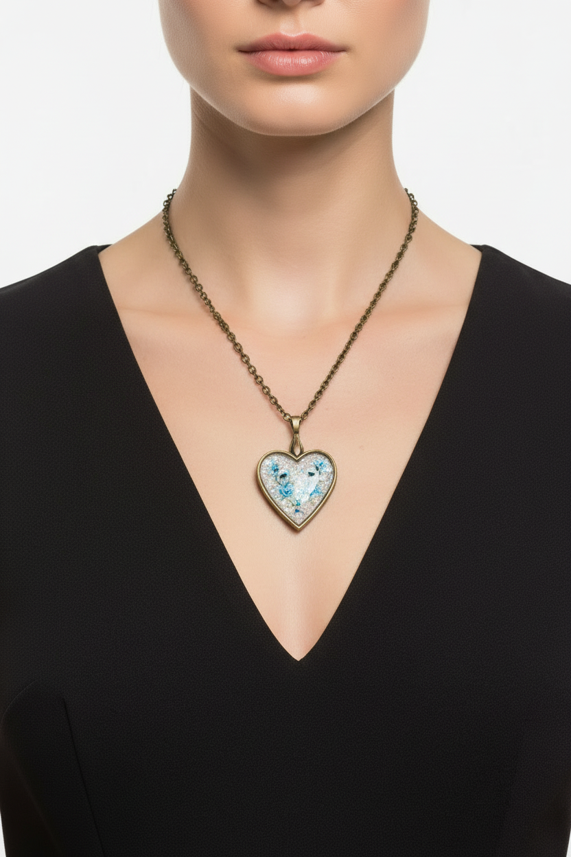 Heart Necklace Blue Flower Resin Pendant - Antique Bronze Bezel with Iridescent Glass | JVDesigner