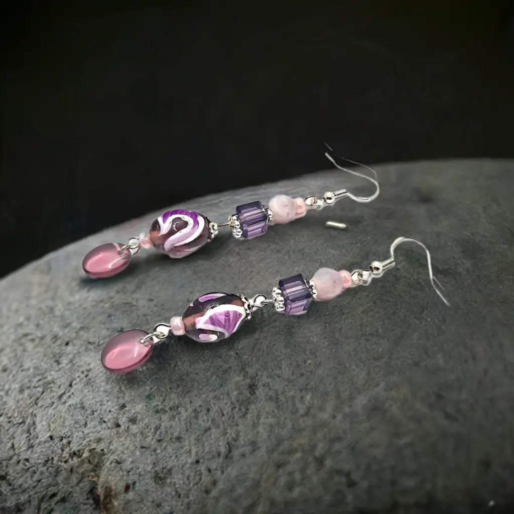 2.75 inches Purple Glass bead Earrings
