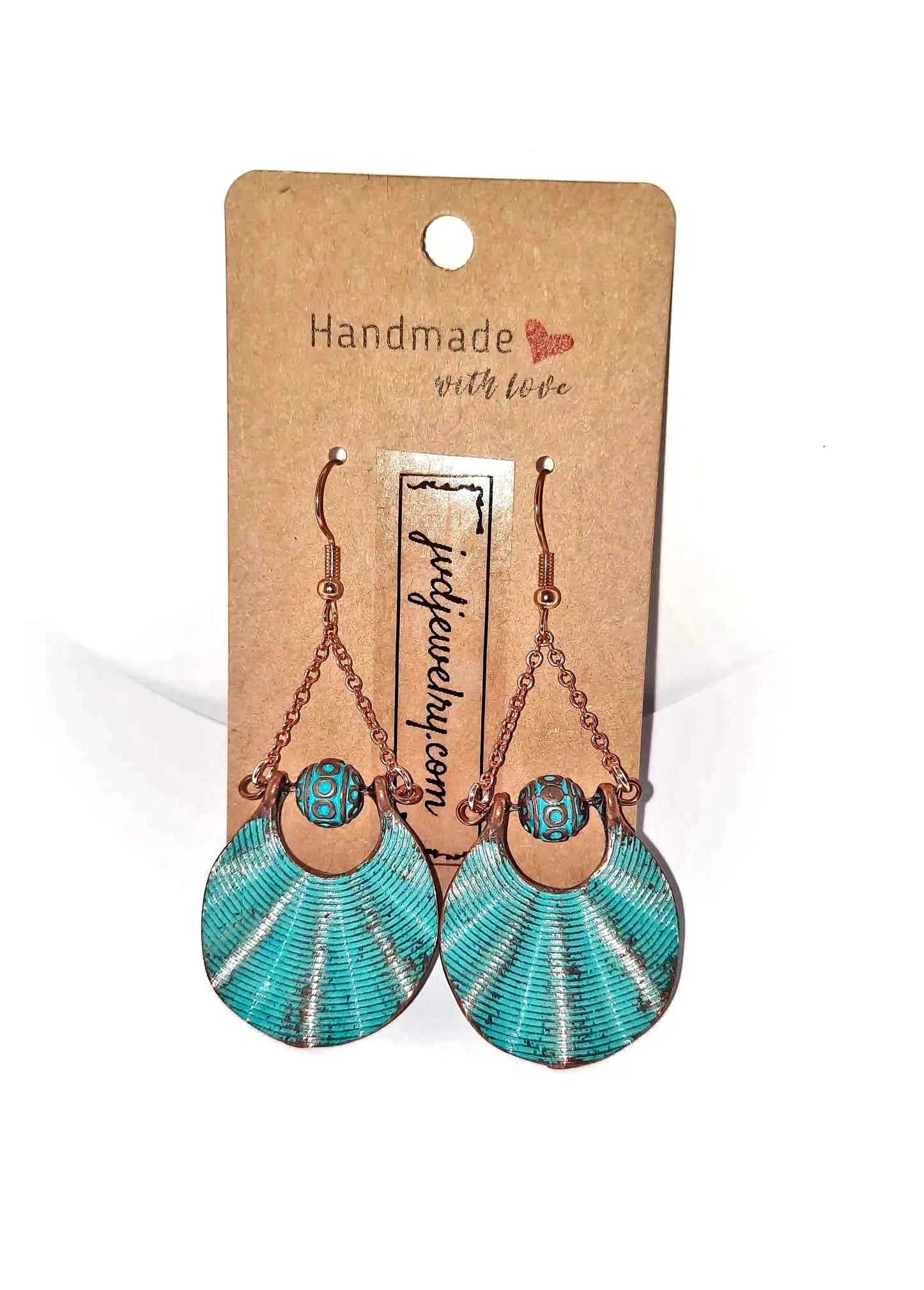 Patina fan shaped Earrings rose gold chain