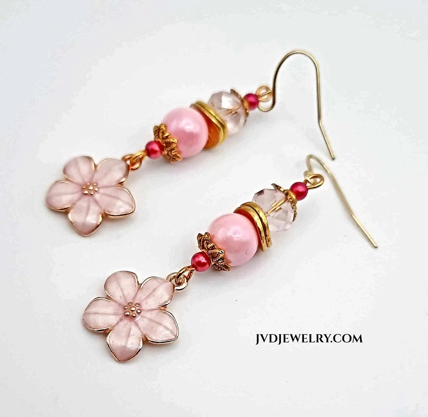 Pink enamel flower earrings 2 inches