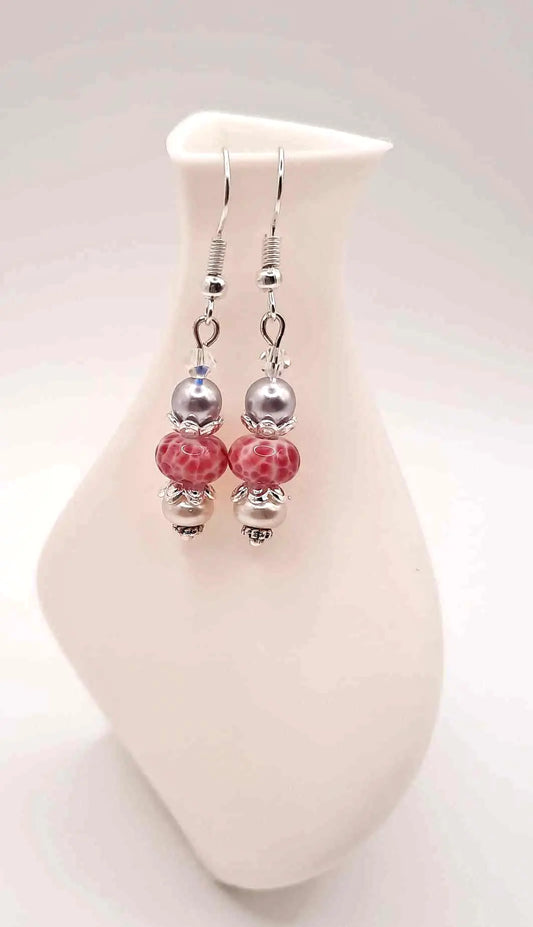 Mini pink dot lampwork 1.75" Earrings