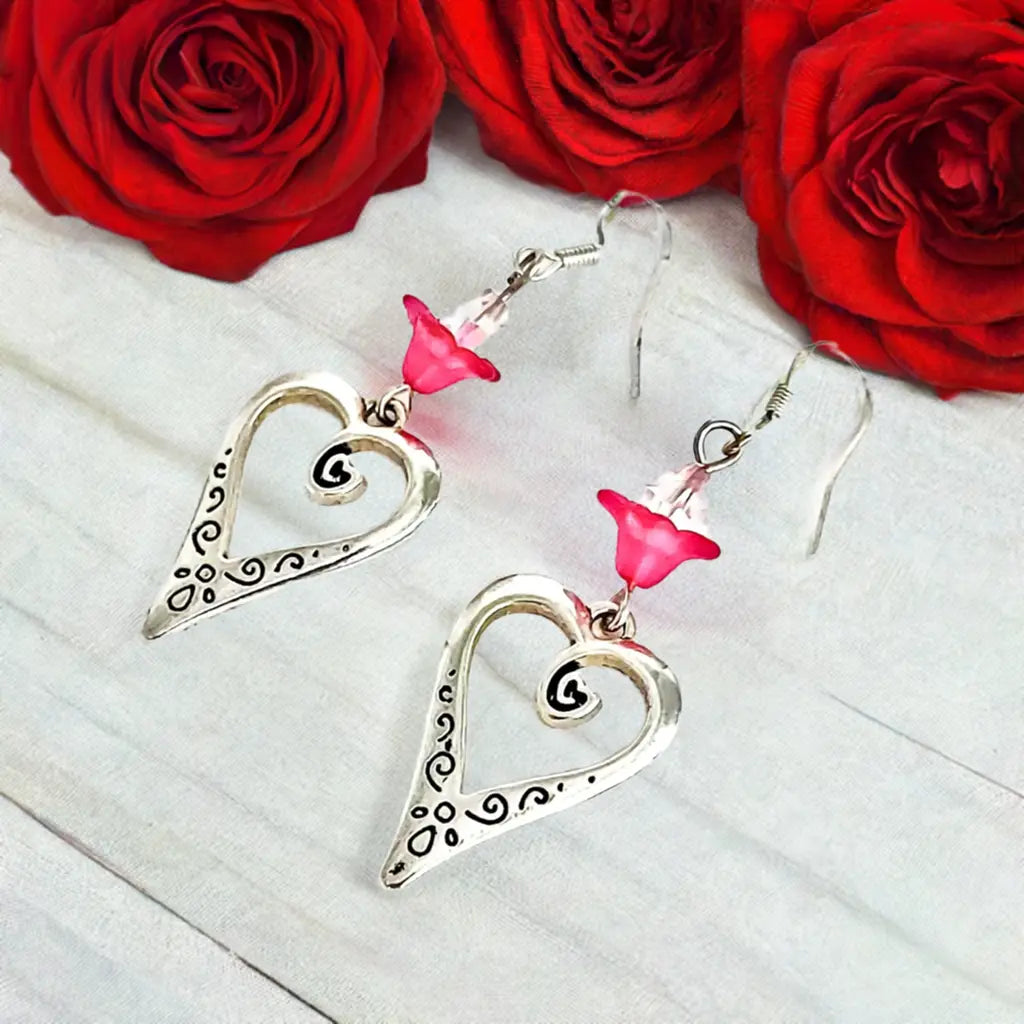 Silver heart pink Lucite earrings, more color - Image #2