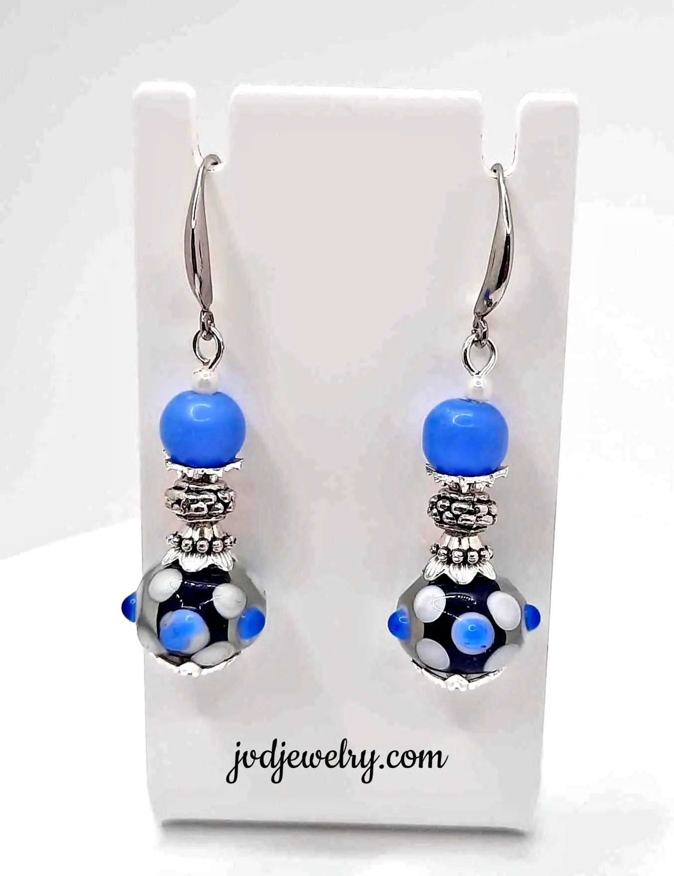 Blue and white dot lampwork beaded earrings