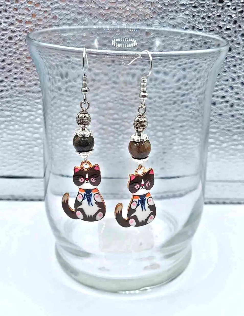 Enamel cat with stone bead Earrings 2.5 inches